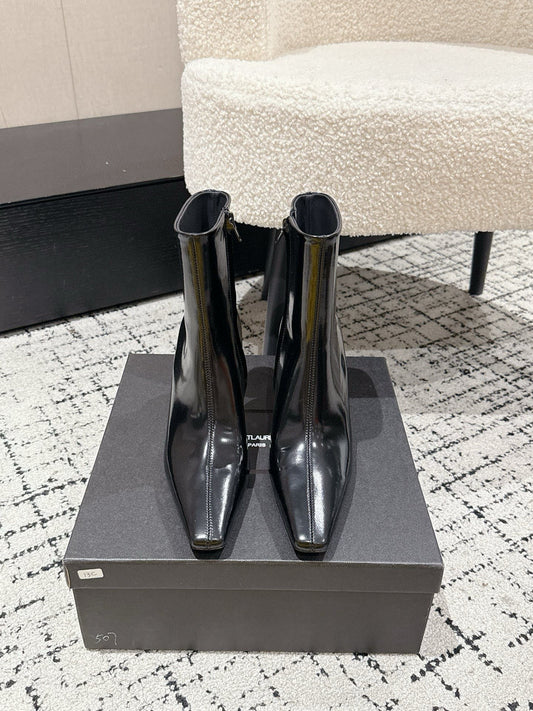 YSL 25S HEELED ANKLE BOOTS 70 MM IN BLACK LAMBSKIN - 35