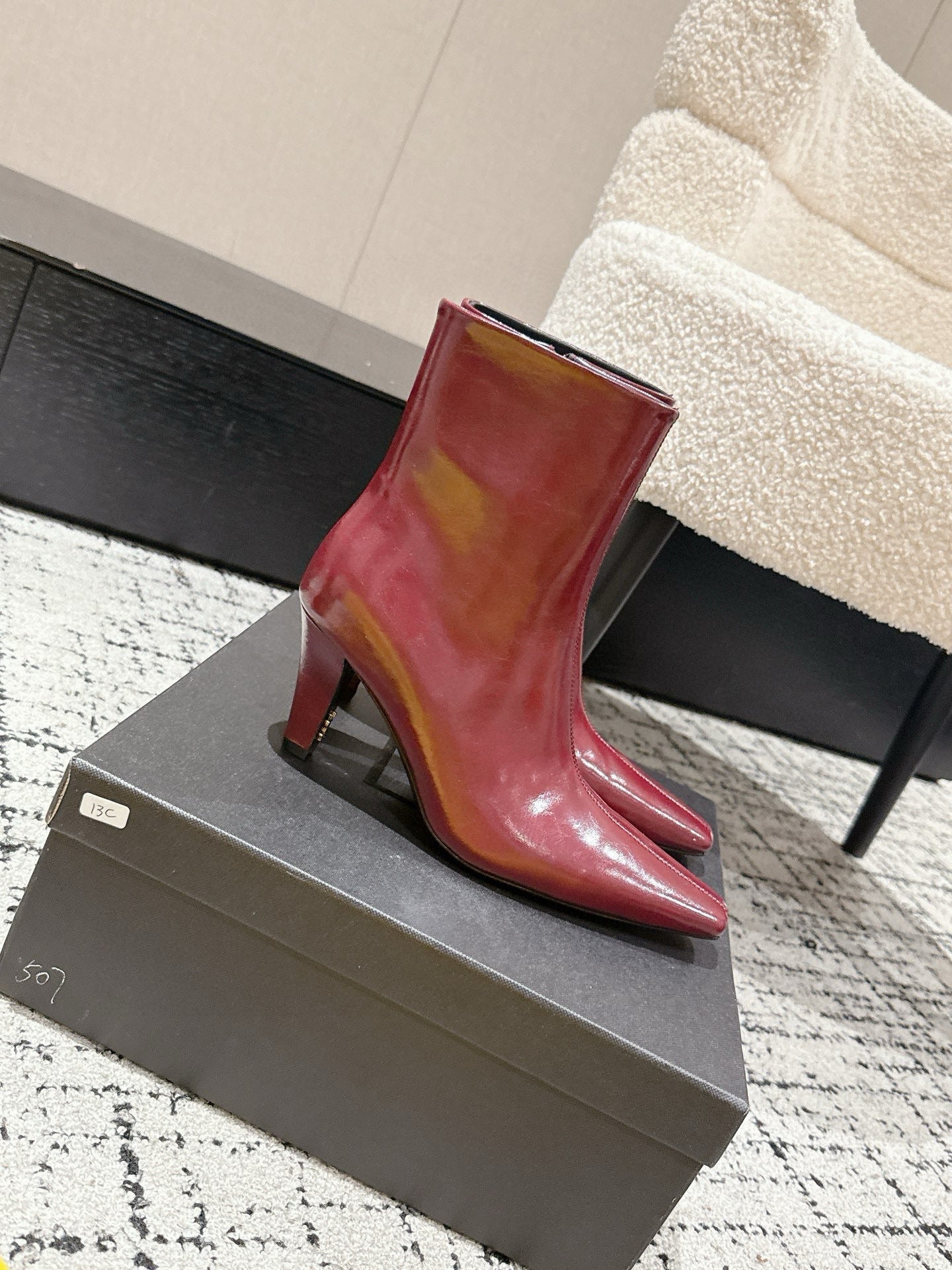 YSL 25S HEELED ANKLE BOOTS 70 MM IN WINE RED SHINY LAMBSKIN - 35