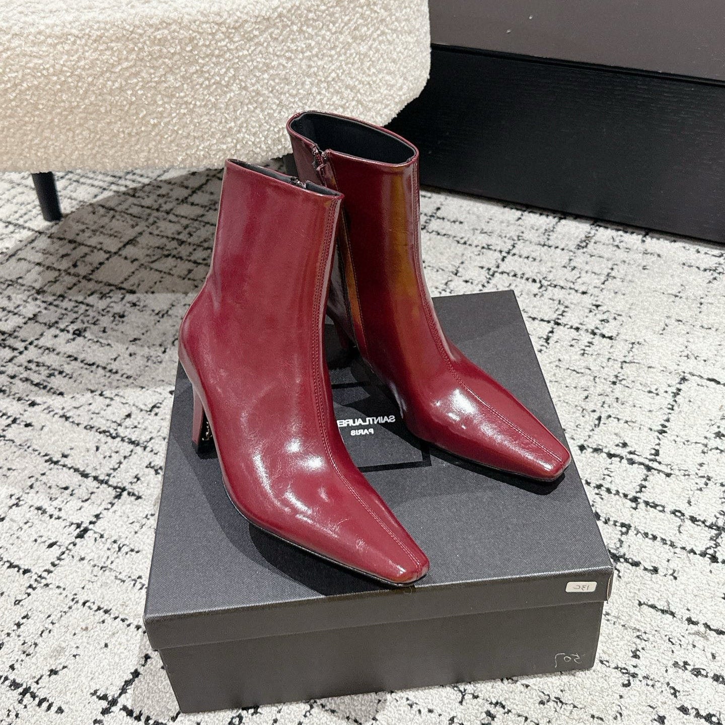 YSL 25S HEELED ANKLE BOOTS 70 MM IN WINE RED SHINY LAMBSKIN - 35