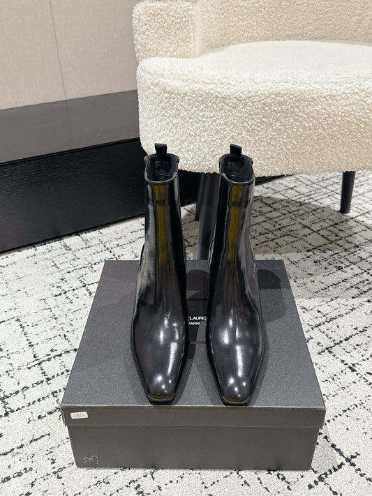 Черевики YSL 25S HEELED ANKLE BOOTS 70 MM З ЧОРНОЇ ГЛЯНЦЕВОЇ ОВЕЧОЇ ШКІРИ - 35