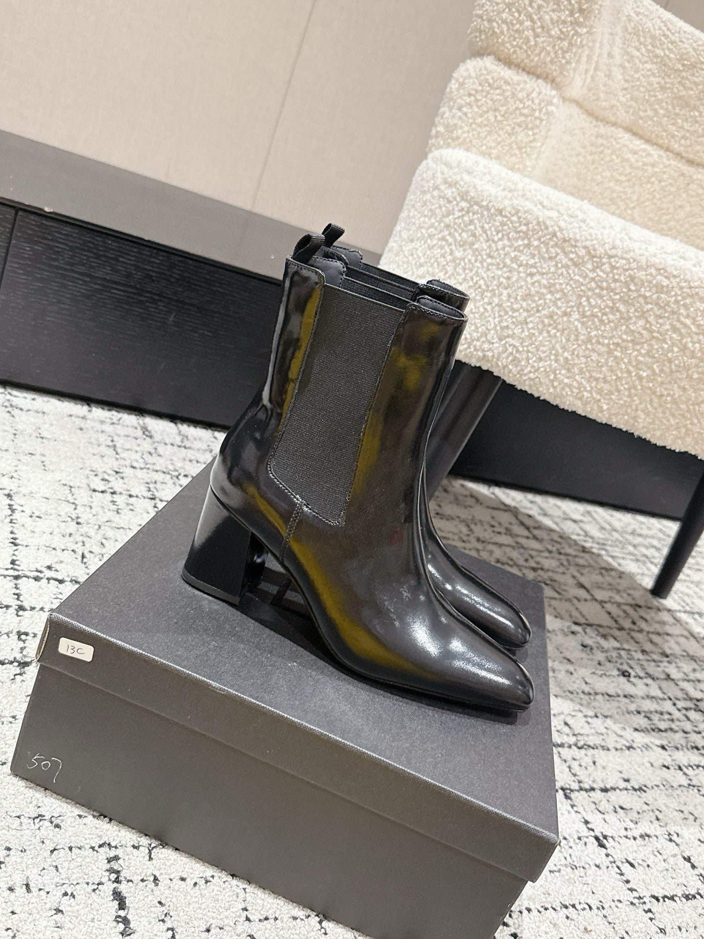 YSL 25S HEELED ANKLE BOOTS 70 MM IN BLACK SHINY LAMBSKIN - 35