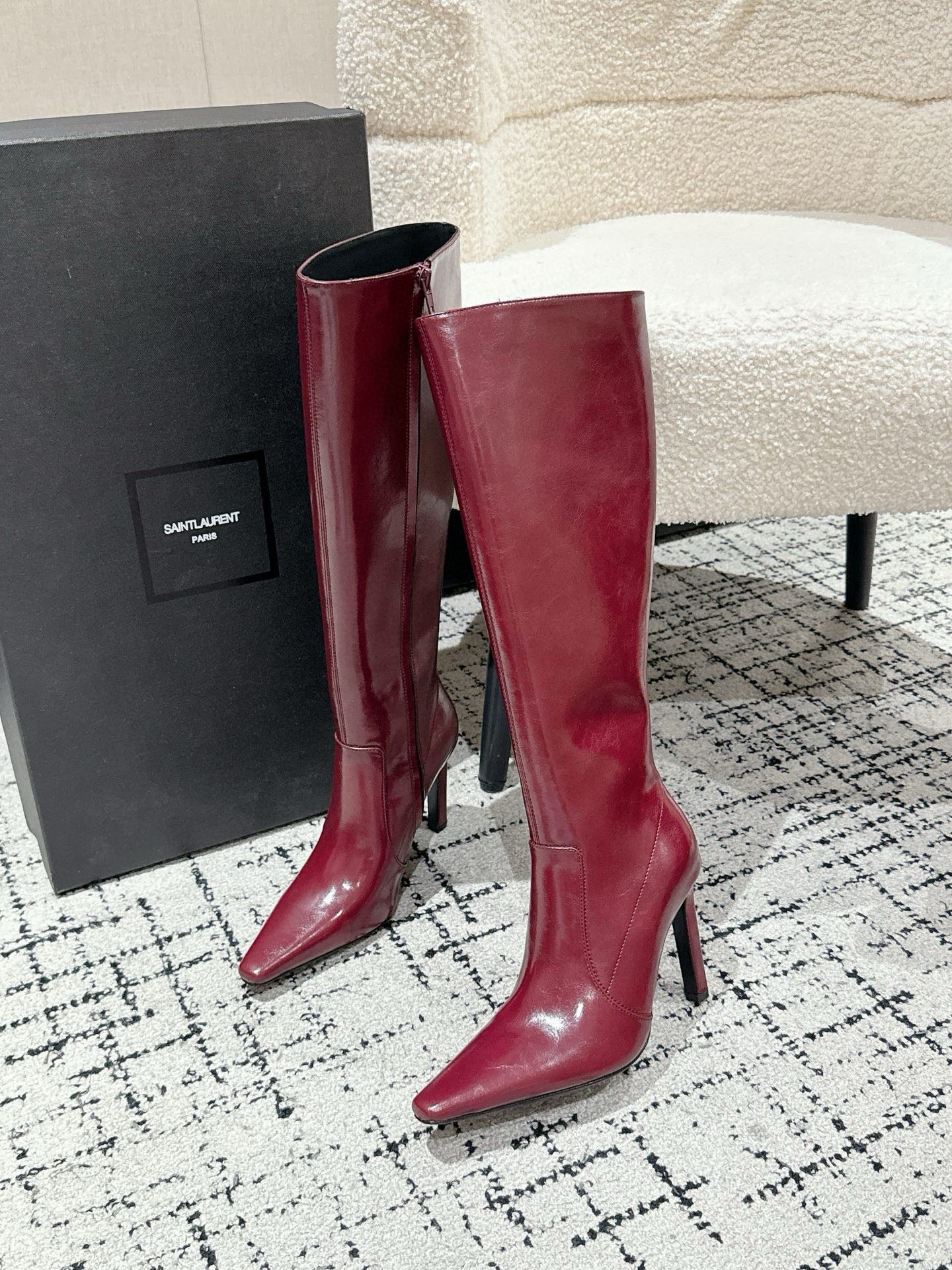 YSL 25S PLATFORM KNEE-HIGH BOOTS 70 MM IN WINE RED LAMBSKIN - 35