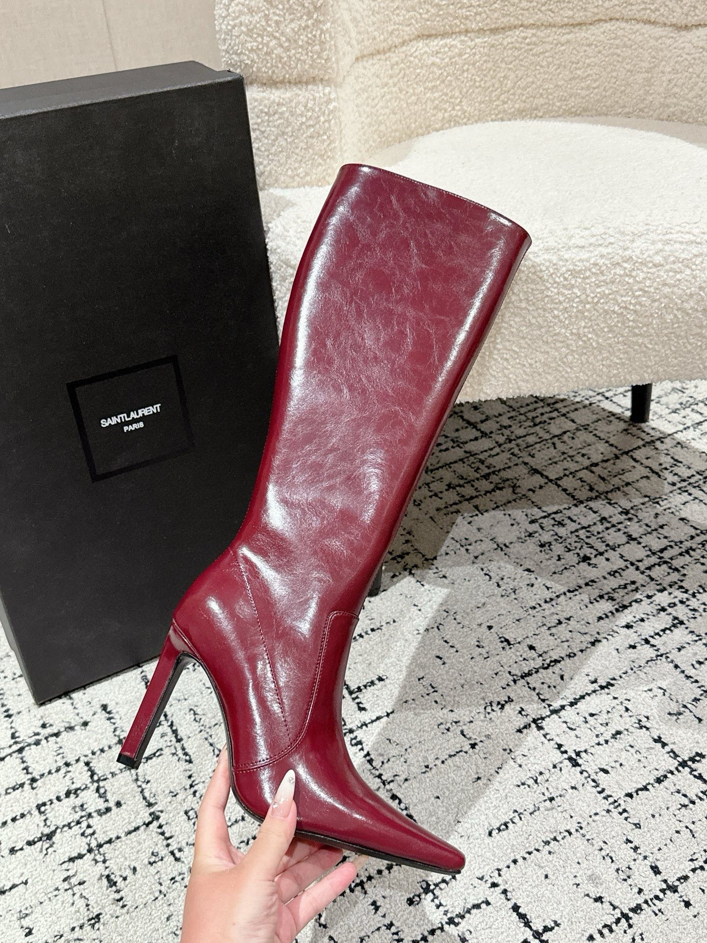 YSL 25S PLATFORM KNEE-HIGH BOOTS 70 MM IN WINE RED LAMBSKIN - 35