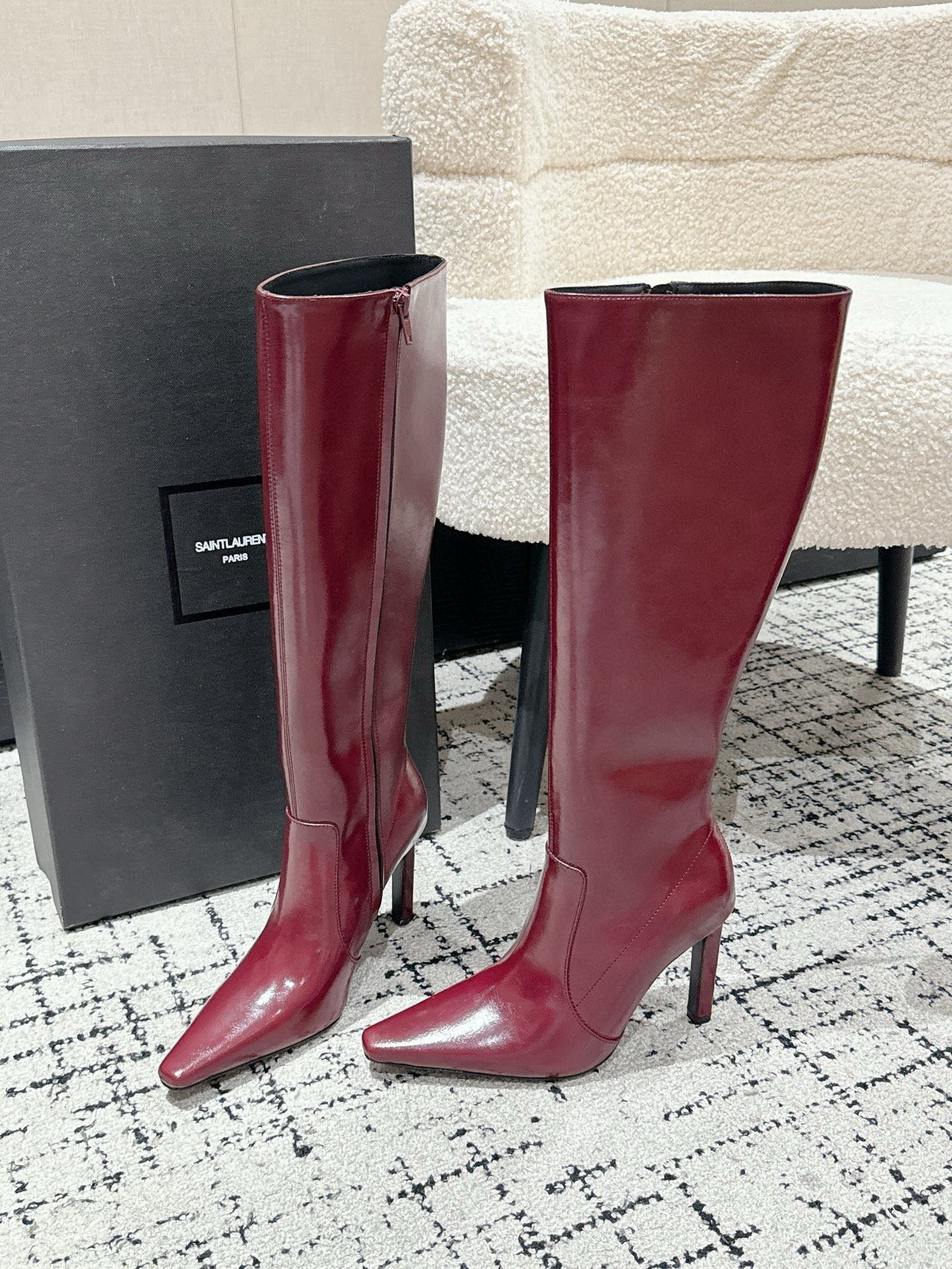YSL 25S PLATFORM KNEE-HIGH BOOTS 70 MM IN WINE RED LAMBSKIN - 35