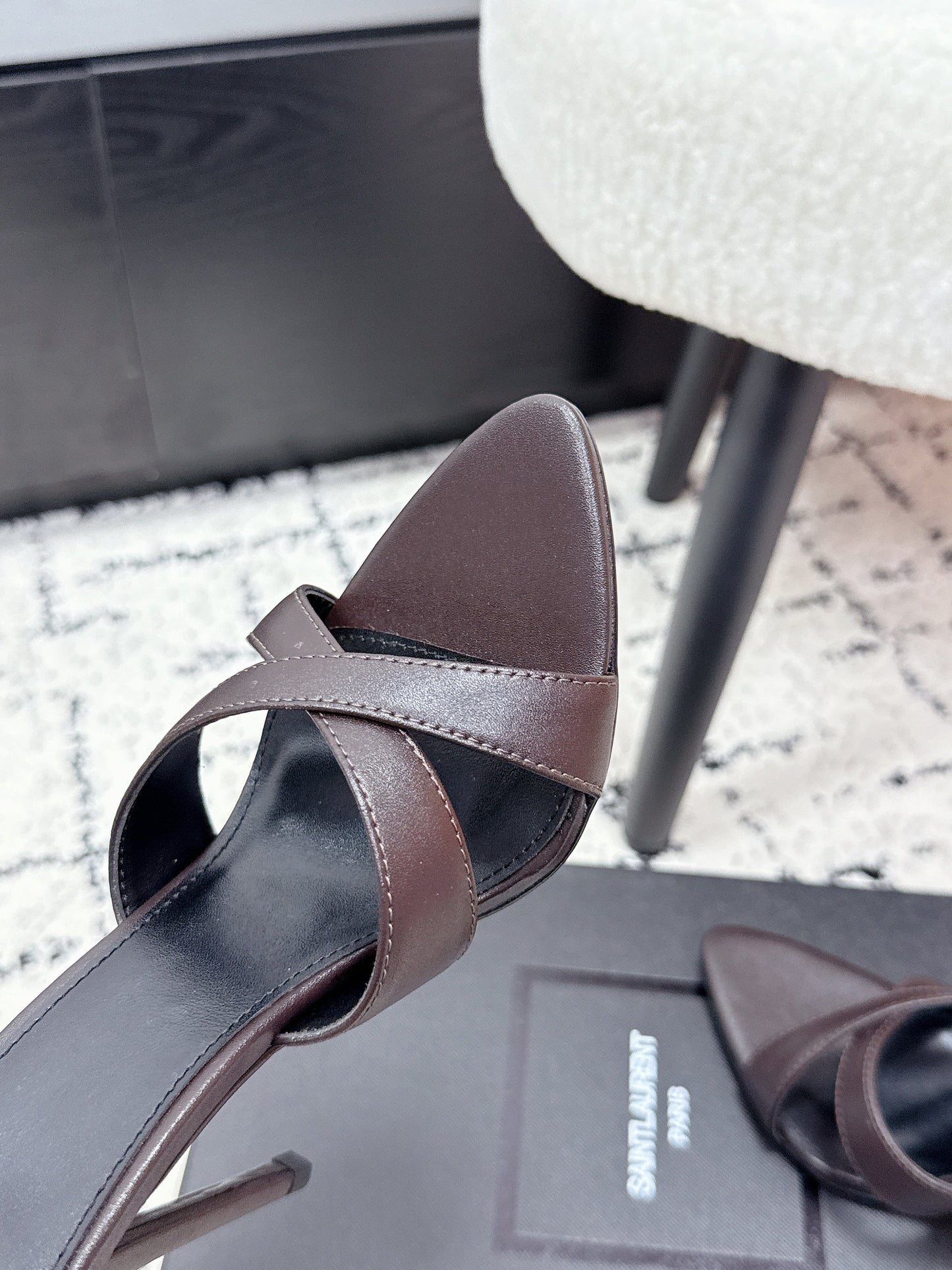 YSL 26S HEELED SANDALS 95 MM IN WINE BROWN CALFSKIN WITH CROSS STRAP