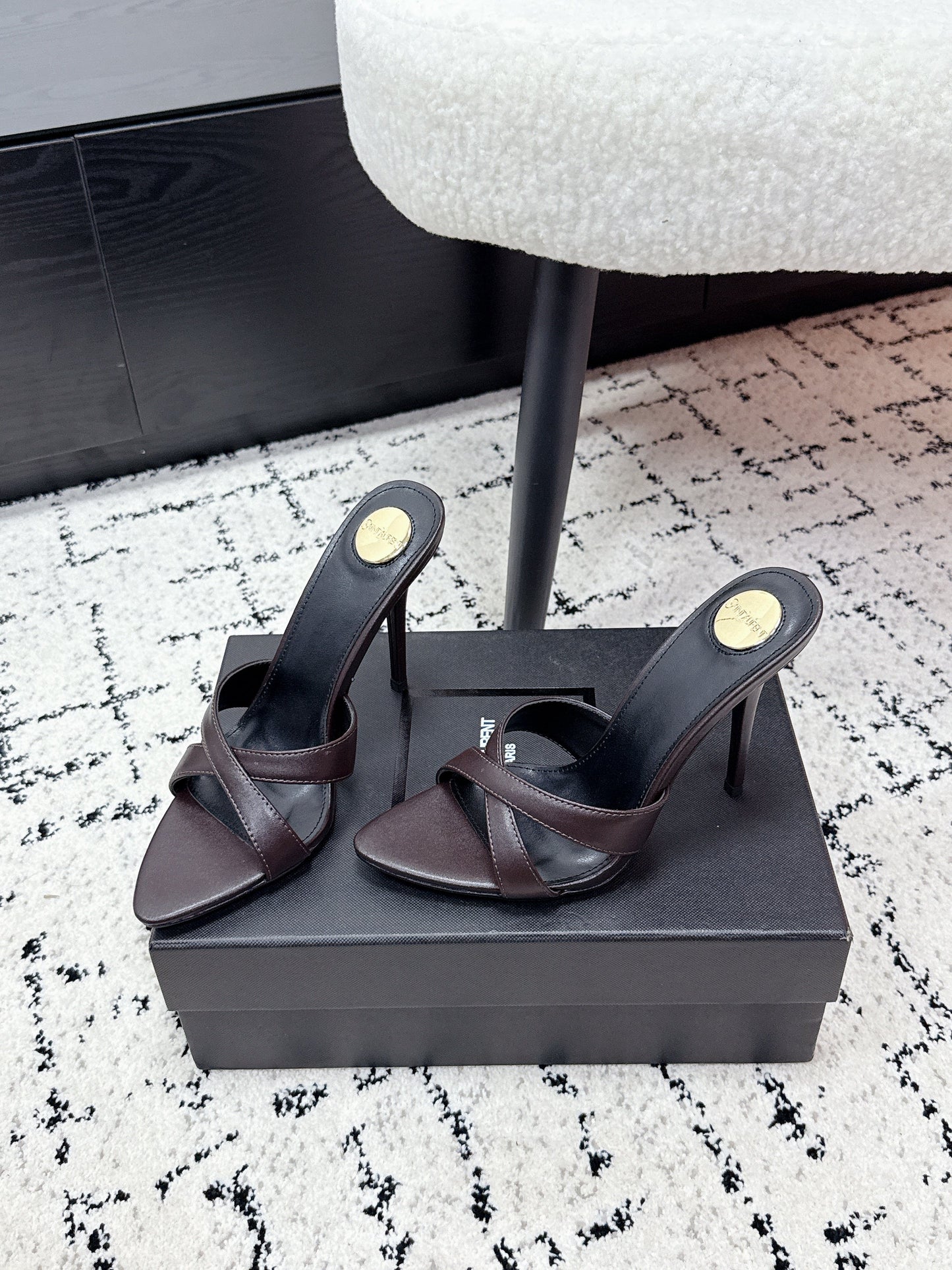 YSL 26S HEELED SANDALS 95 MM IN WINE BROWN CALFSKIN WITH CROSS STRAP