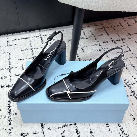 БОСОНІЖКИ PRADA 26S НА ПІДБОРАХ 70 ММ З ЧОРНОЇ ГЛЯНЦЕВОЇ ТЕЛЯЧОЇ ШКІРИ