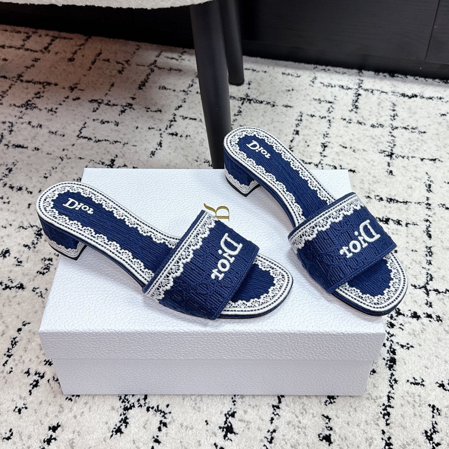DIOR 26S HIGH HEEL SLIDES IN NAVY BLUE EMBOSSED OBLIQUE LACE EMBROIDERY
