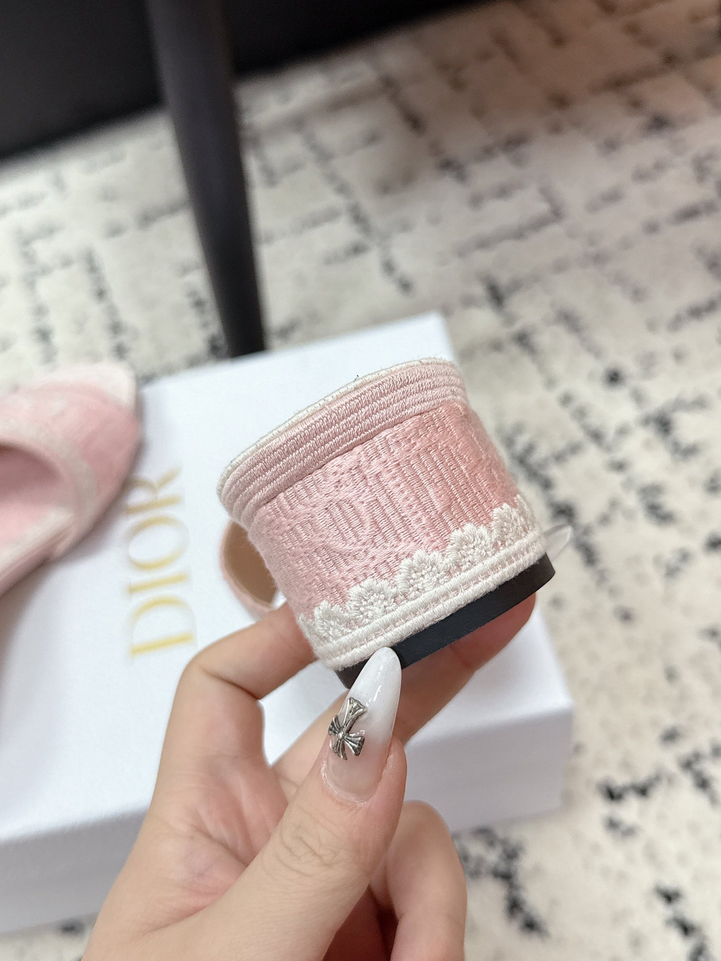 DIOR 26S HIGH HEEL SLIDES IN LIGHT PINK EMBOSSED OBLIQUE LACE EMBROIDERY