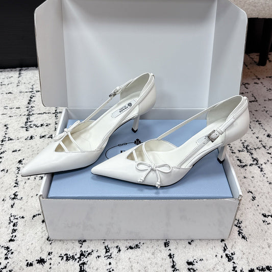 ТУФЛІ-ЧОВНИКИ PRADA 26S НА ВИСОКИХ ПІДБОРАХ 75 ММ З БІЛОЇ ТЕЛЯЧОЇ ШКІРИ З БАНТОМ