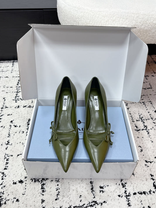 PRADA 26S POINTED-TOE HIGH HEELS 75MM IN DARK OLIVE GREEN CALFSKIN