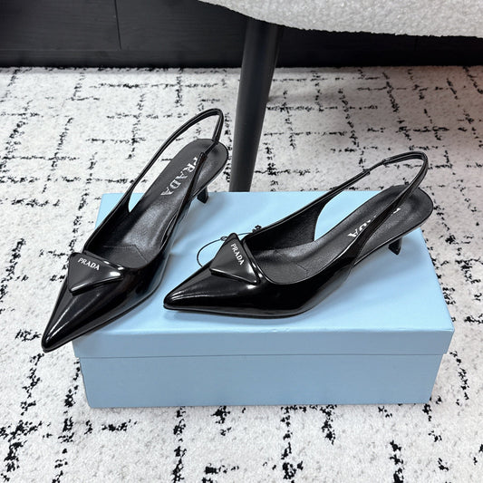 БОСОНІЖКИ-СЛІНГБЕКИ PRADA 26S, 60 ММ, ЧОРНА ЛАКОВАНА ТЕЛЯЧА ШКІРА