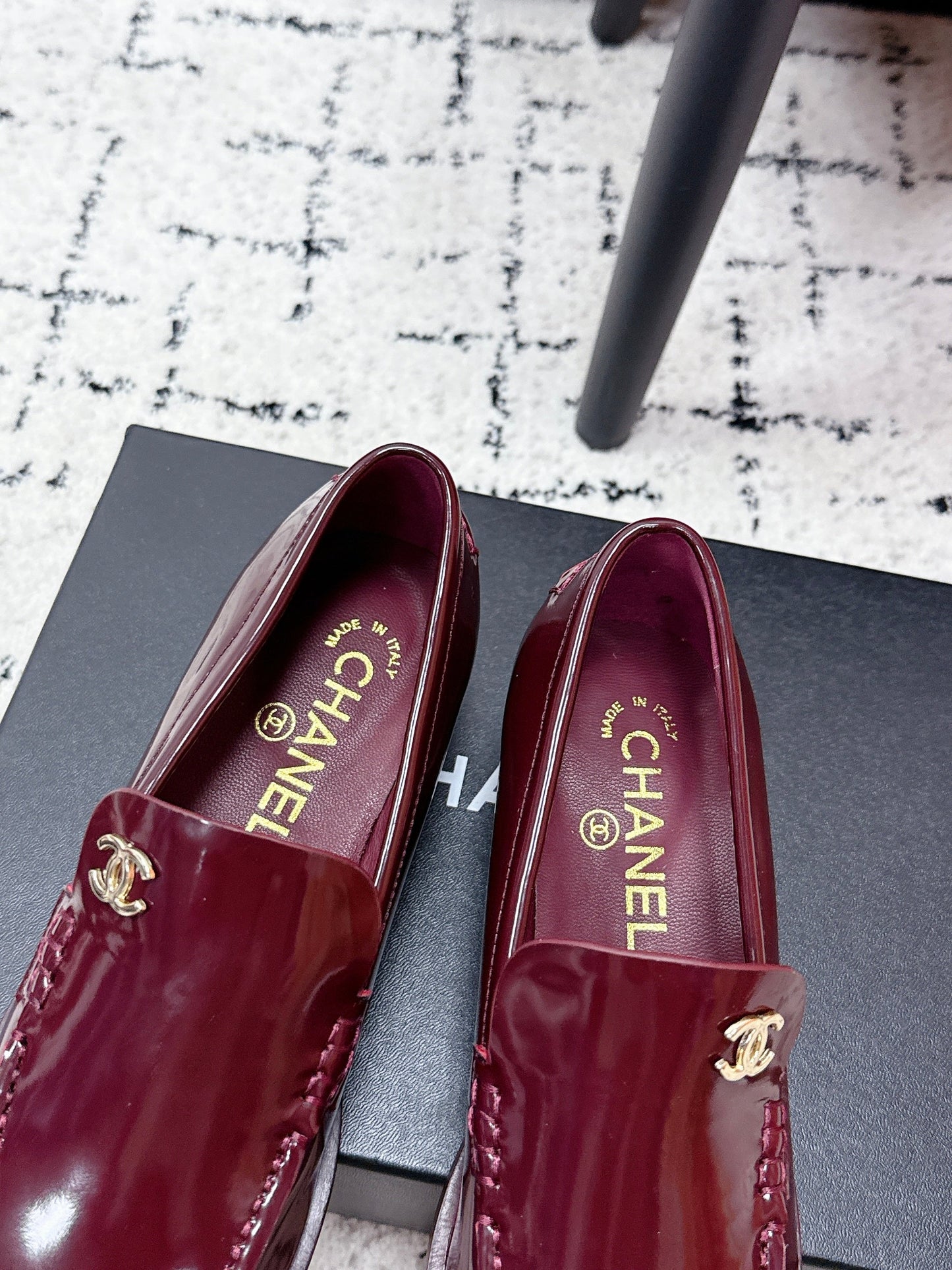 CHANEL 26S LOAFERS IN BURGUNDY RED PATENT CALFSKIN WITH CC LOGO