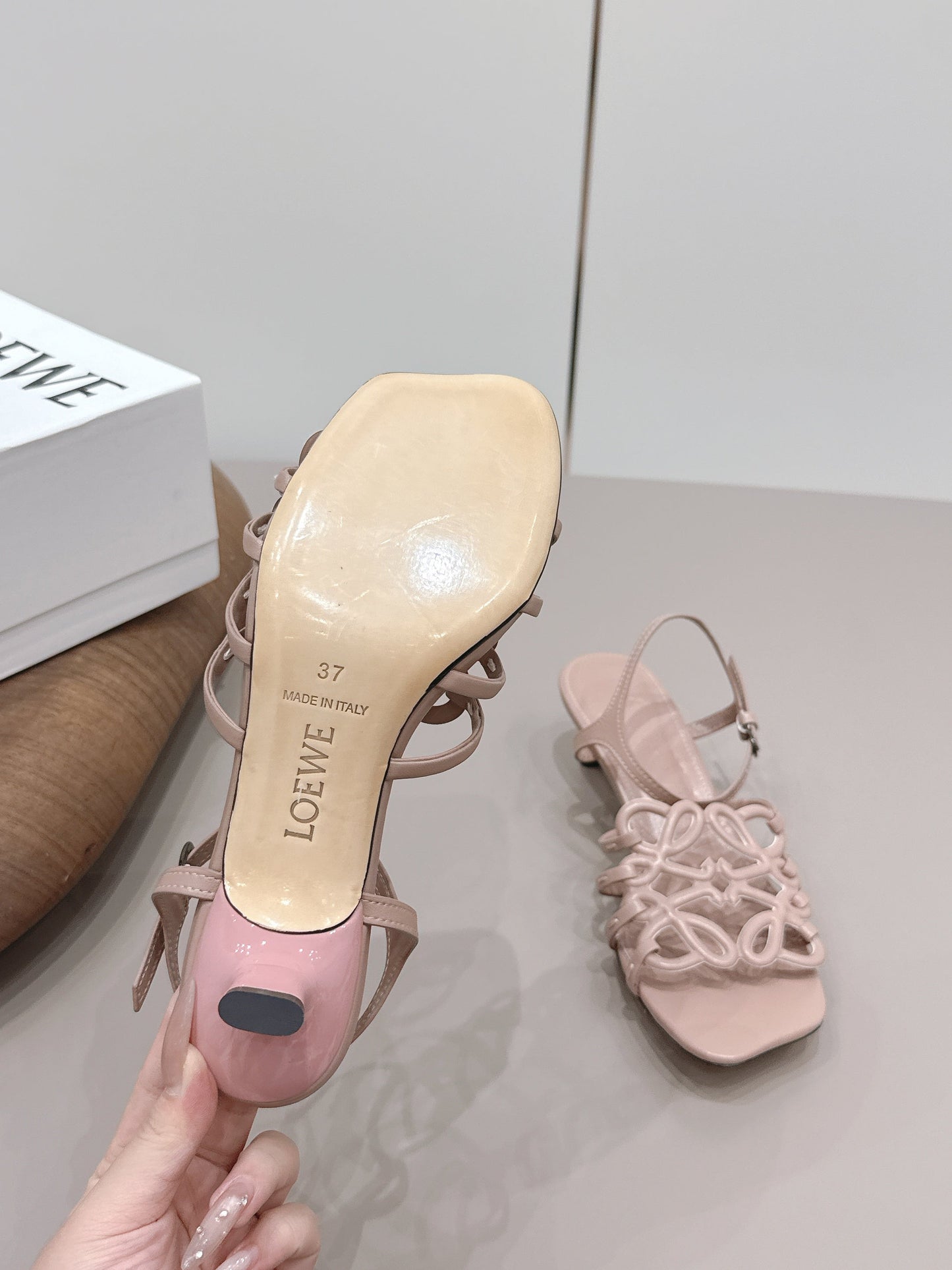 LOEWE 26S SQUARE TOE HEEL SANDALS 50MM IN PINK CALFSKIN LOGO