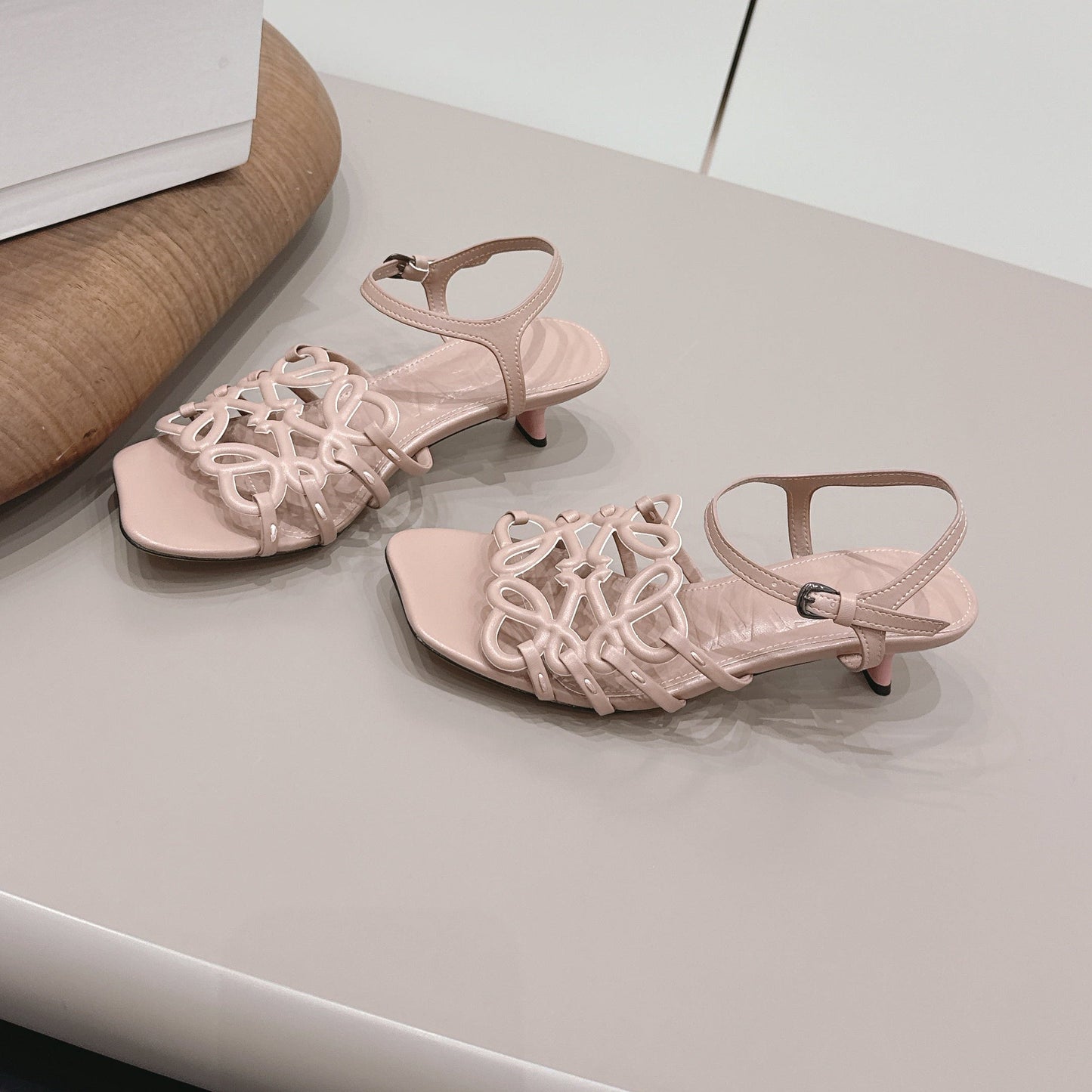 LOEWE 26S SQUARE TOE HEEL SANDALS 50MM IN PINK CALFSKIN LOGO
