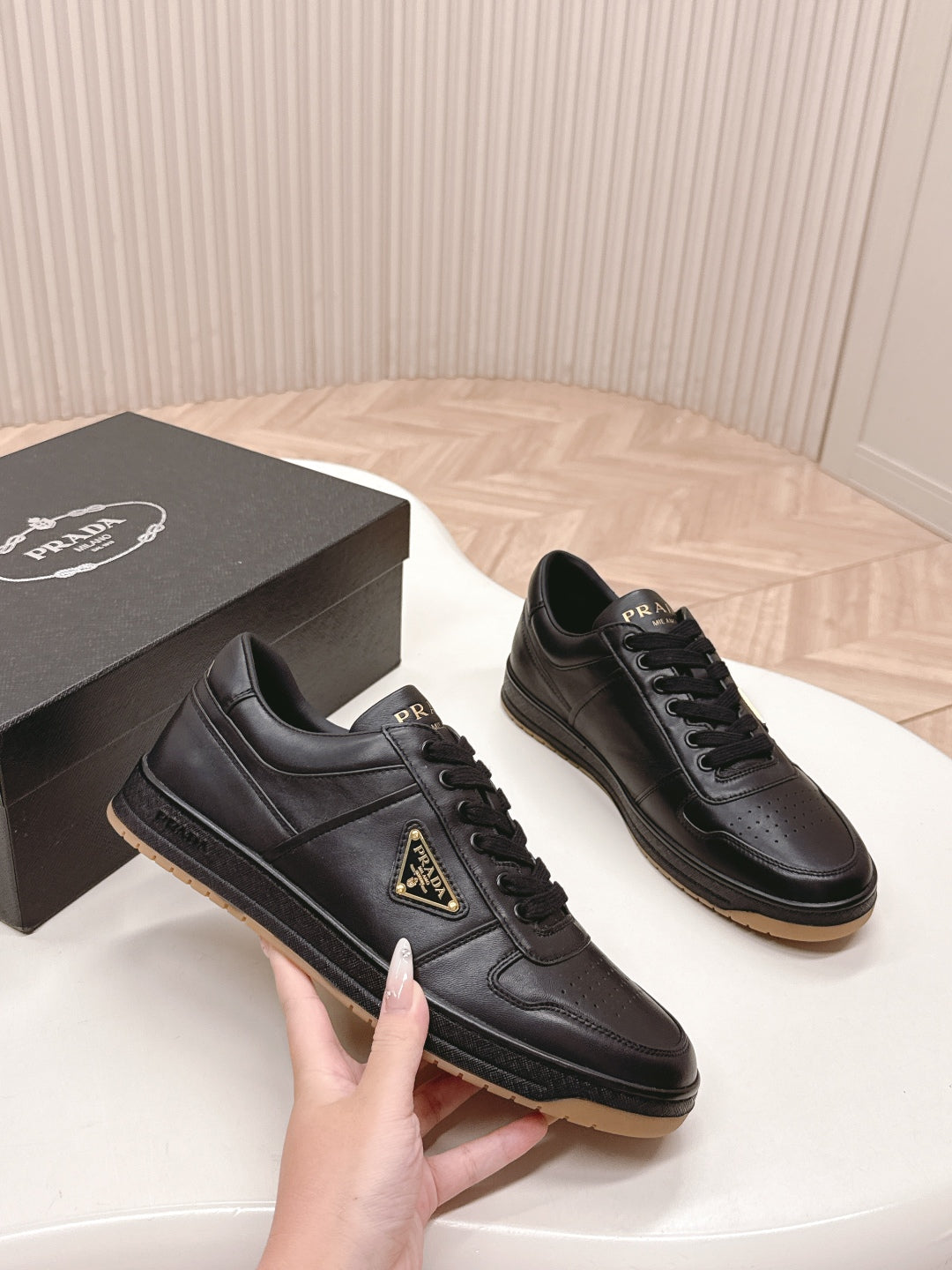PRADA 25S DOWNTOWN SNEAKERS IN BLACK CALFSKIN - 35