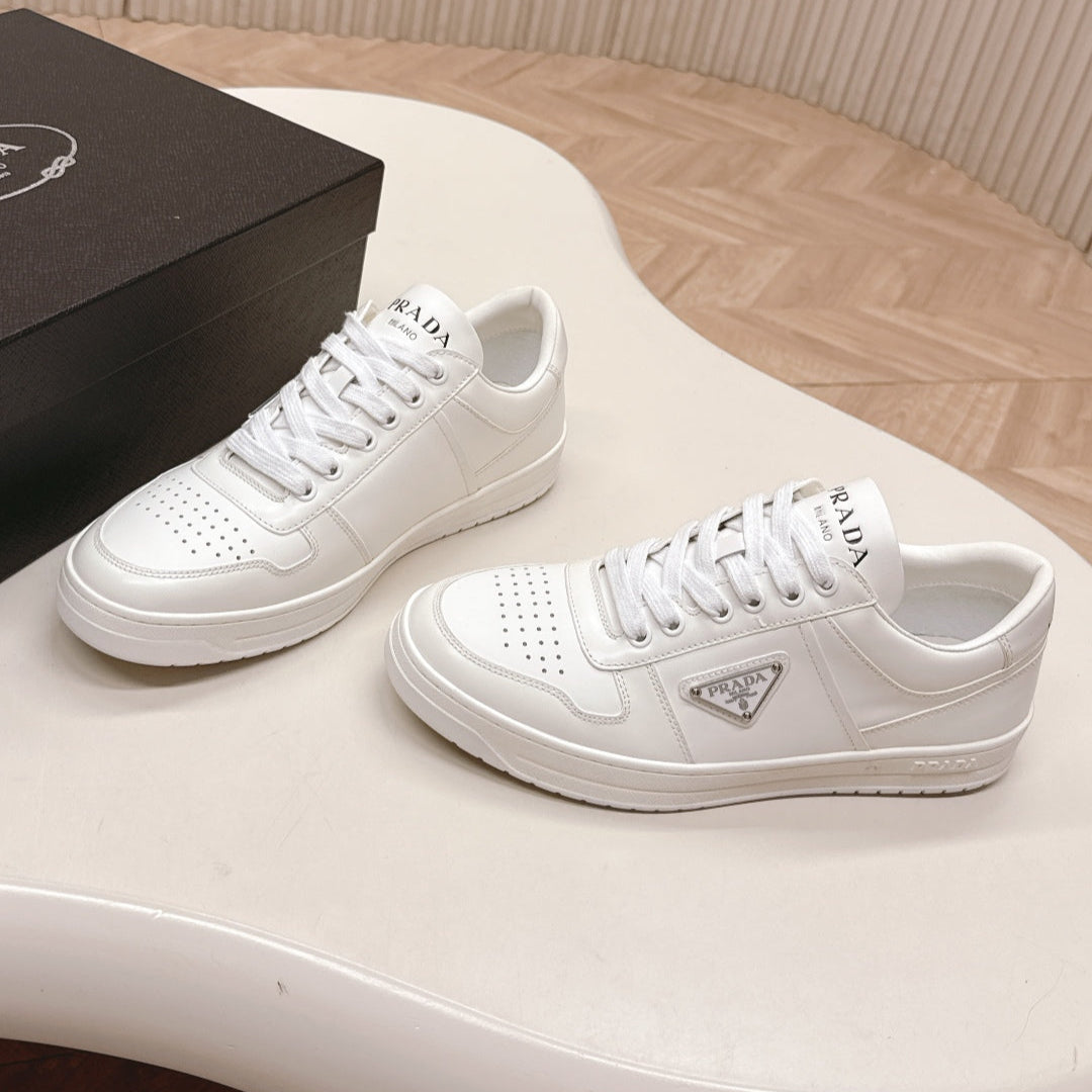 PRADA 25S DOWNTOWN SNEAKERS IN WHITE CALFSKIN SILVER HARDWARE - 35