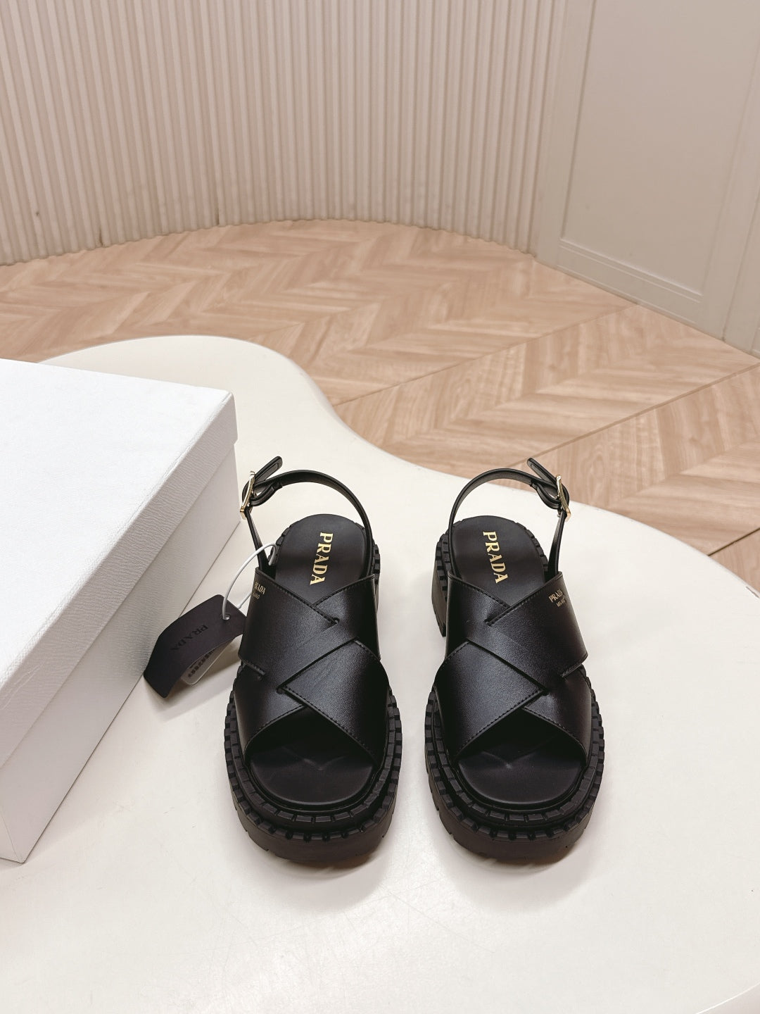 PRADA 25S CRISSCROSS SANDALS IN BLACK CALFSKIN - 35