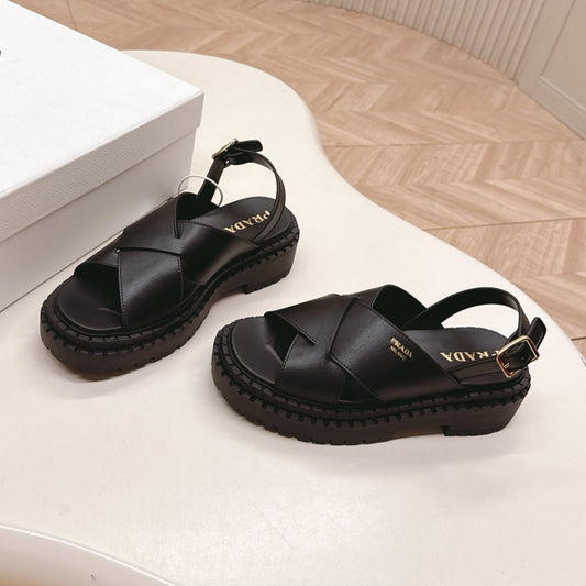 PRADA 25S CRISSCROSS SANDALS IN BLACK CALFSKIN - 35