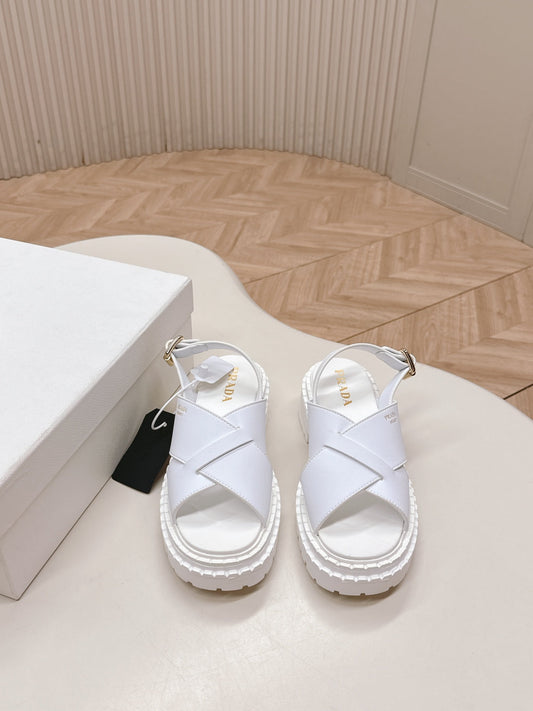 PRADA 25S CRISSCROSS SANDALS IN WHITE CALFSKIN - 35