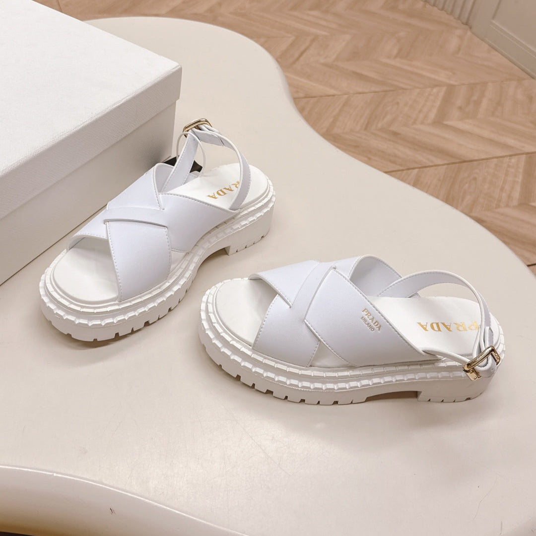 PRADA 25S CRISSCROSS SANDALS IN WHITE CALFSKIN - 35