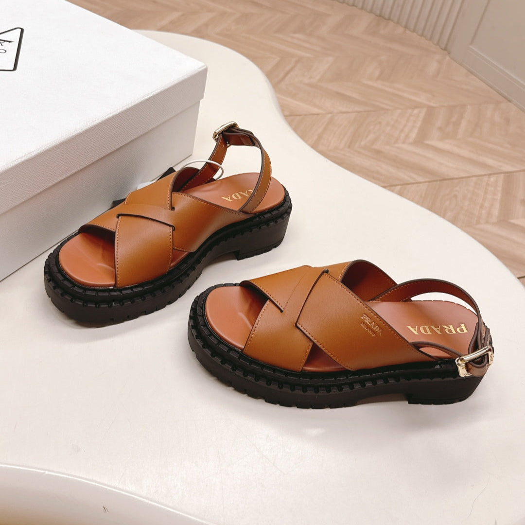PRADA 25S CRISSCROSS SANDALS IN LIGHT TAN CALFSKIN - 35
