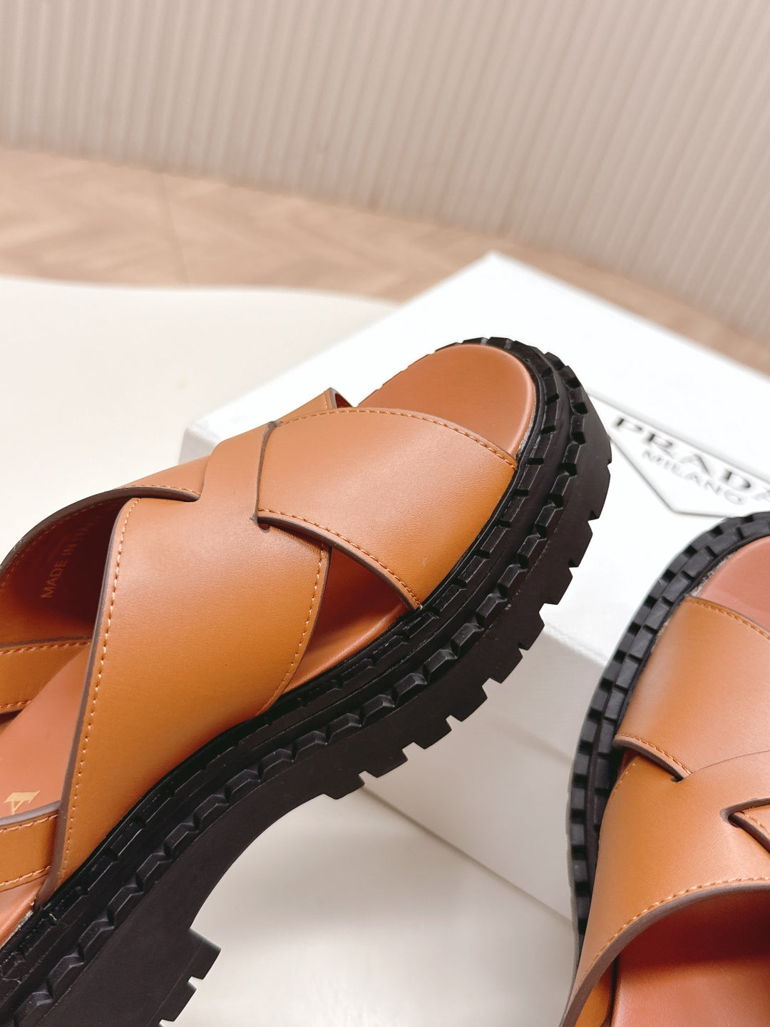 PRADA 25S CRISSCROSS SANDALS IN LIGHT TAN CALFSKIN - 35