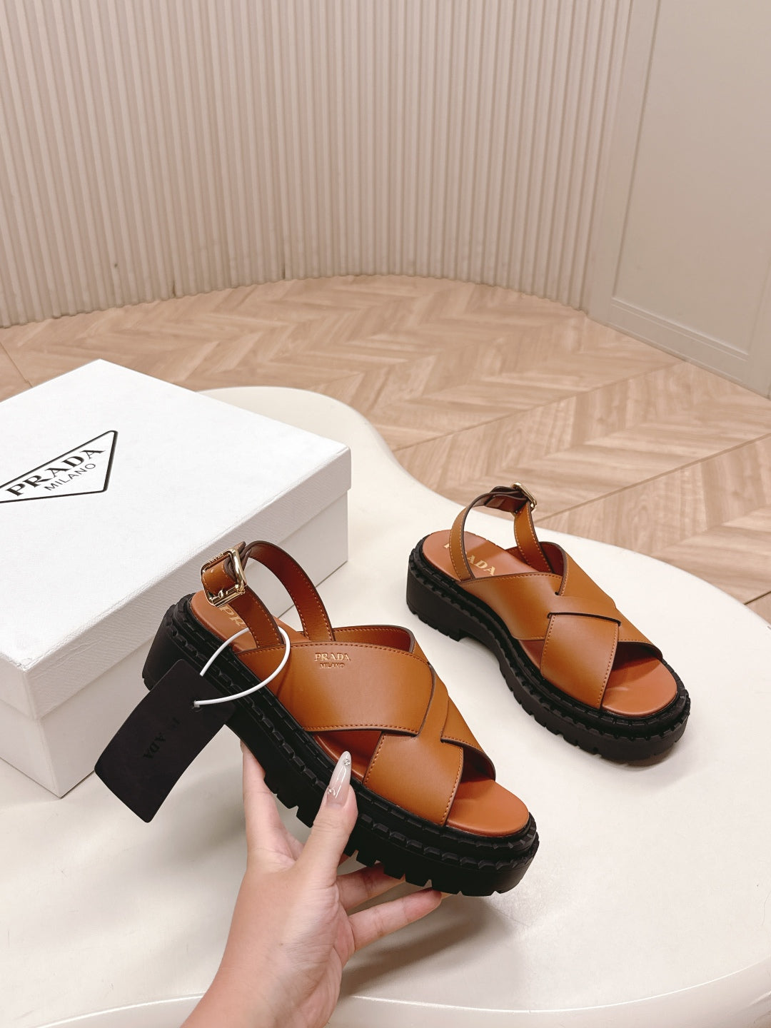 PRADA 25S CRISSCROSS SANDALS IN LIGHT TAN CALFSKIN - 35