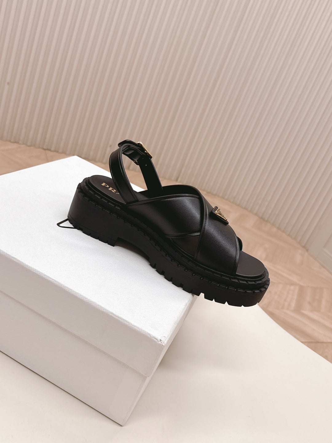 PRADA 25S SANDALS IN BLACK CALFSKIN LOGO GOLD HARDWARE - 35
