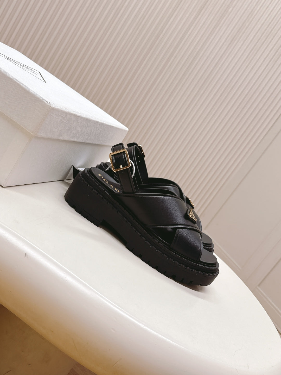 PRADA 25S SANDALS IN BLACK CALFSKIN LOGO GOLD HARDWARE - 35