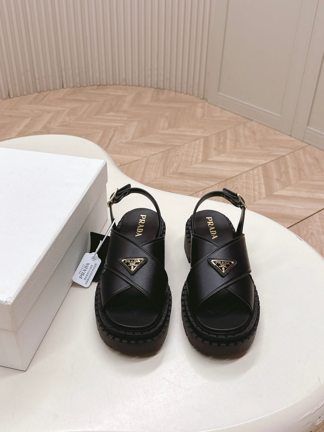 PRADA 25S SANDALS IN BLACK CALFSKIN LOGO GOLD HARDWARE - 35