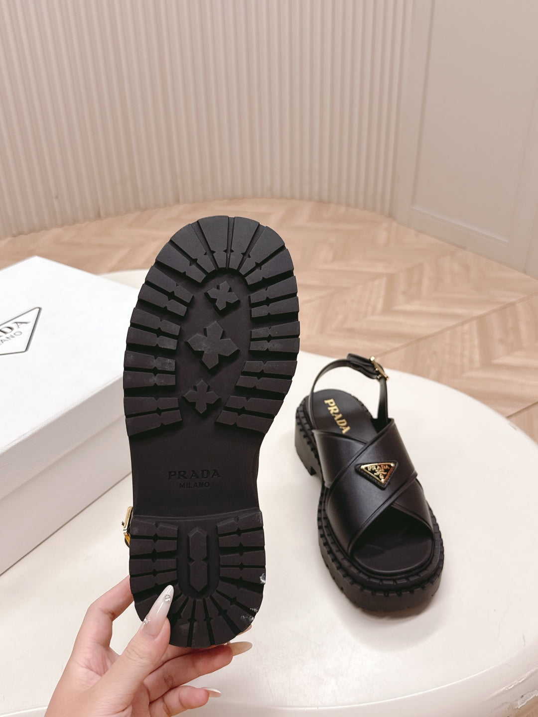 PRADA 25S SANDALS IN BLACK CALFSKIN LOGO GOLD HARDWARE - 35