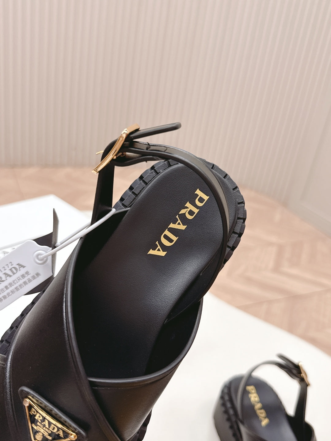 PRADA 25S SANDALS IN BLACK CALFSKIN LOGO GOLD HARDWARE - 35