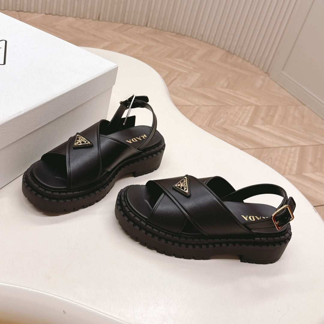 PRADA 25S SANDALS IN BLACK CALFSKIN LOGO GOLD HARDWARE - 35