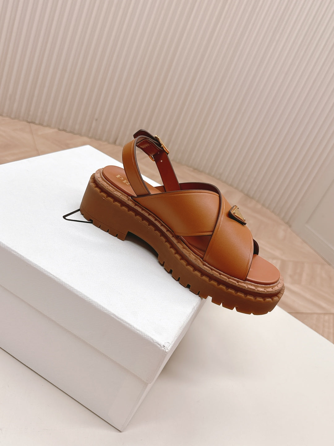 PRADA 25S SANDALS IN LIGHT TAN CALFSKIN LOGO GOLD HARDWARE - 35