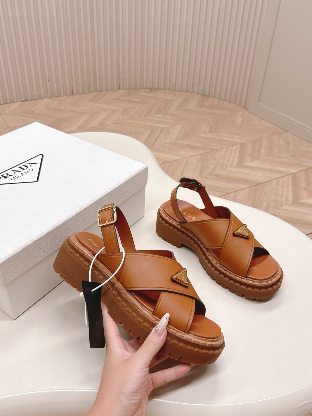 PRADA 25S SANDALS IN LIGHT TAN CALFSKIN LOGO GOLD HARDWARE - 35