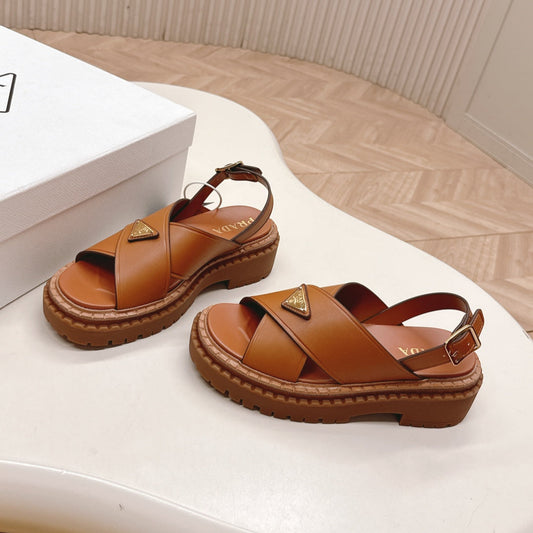 PRADA 25S SANDALS IN LIGHT TAN CALFSKIN LOGO GOLD HARDWARE - 35