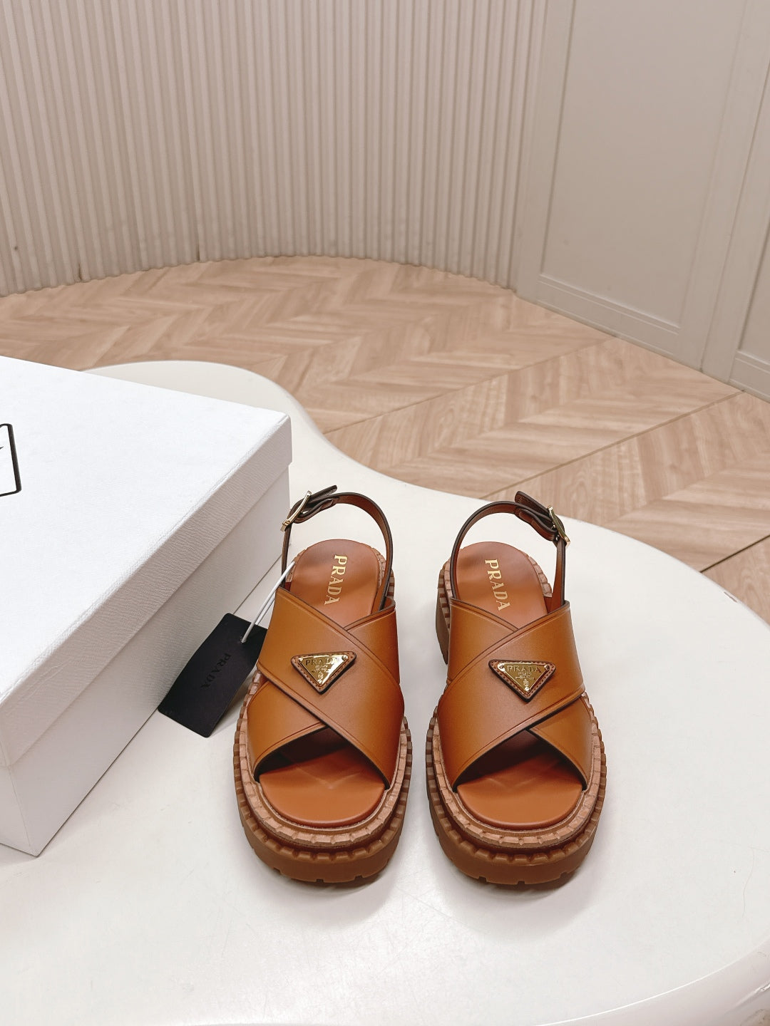 PRADA 25S SANDALS IN LIGHT TAN CALFSKIN LOGO GOLD HARDWARE - 35