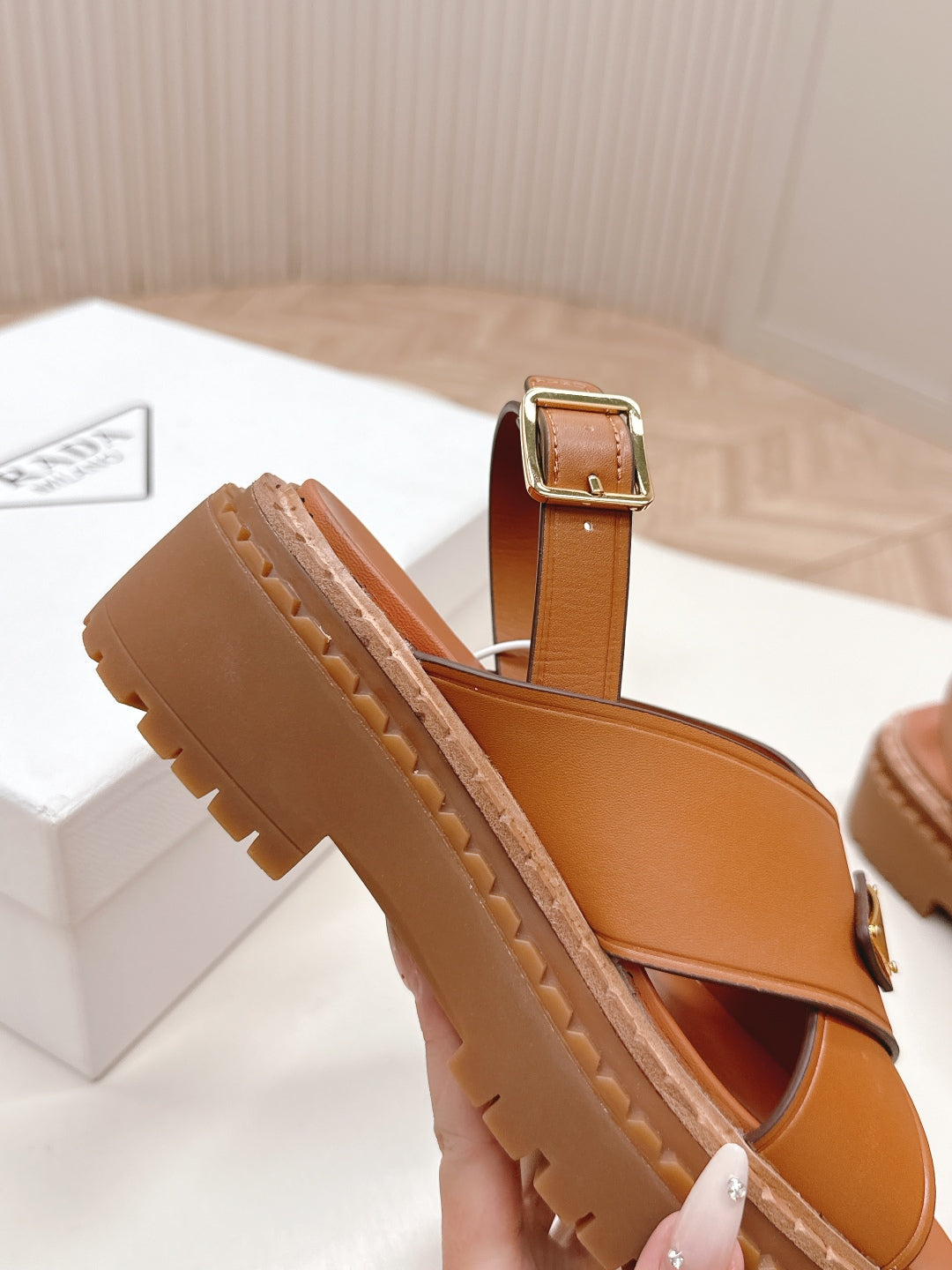 PRADA 25S SANDALS IN LIGHT TAN CALFSKIN LOGO GOLD HARDWARE - 35