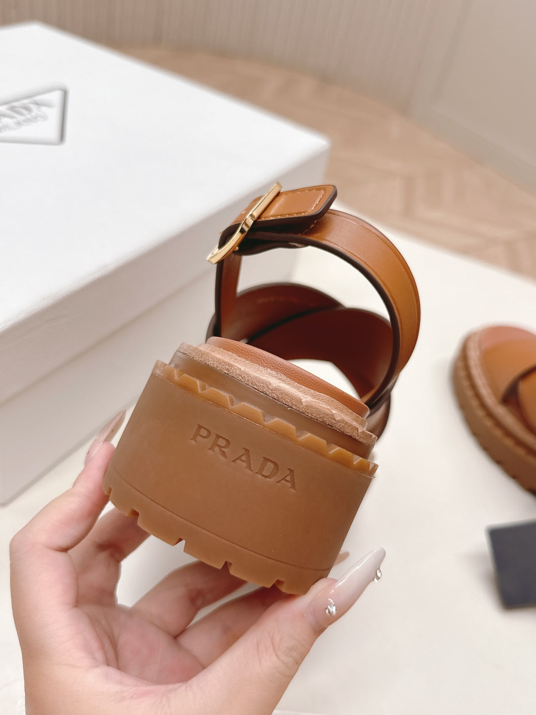 PRADA 25S SANDALS IN LIGHT TAN CALFSKIN LOGO GOLD HARDWARE - 35