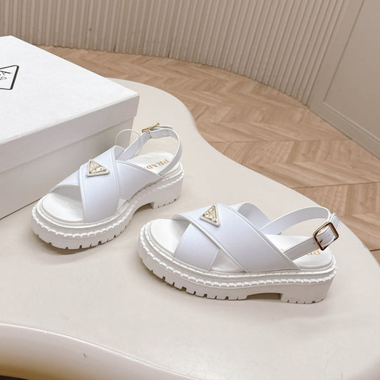 PRADA 25S SANDALS IN WHITE CALFSKIN LOGO GOLD HARDWARE - 35