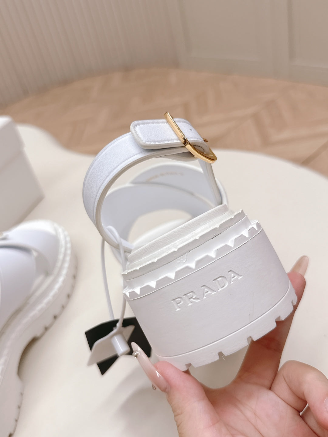 PRADA 25S SANDALS IN WHITE CALFSKIN LOGO GOLD HARDWARE - 35