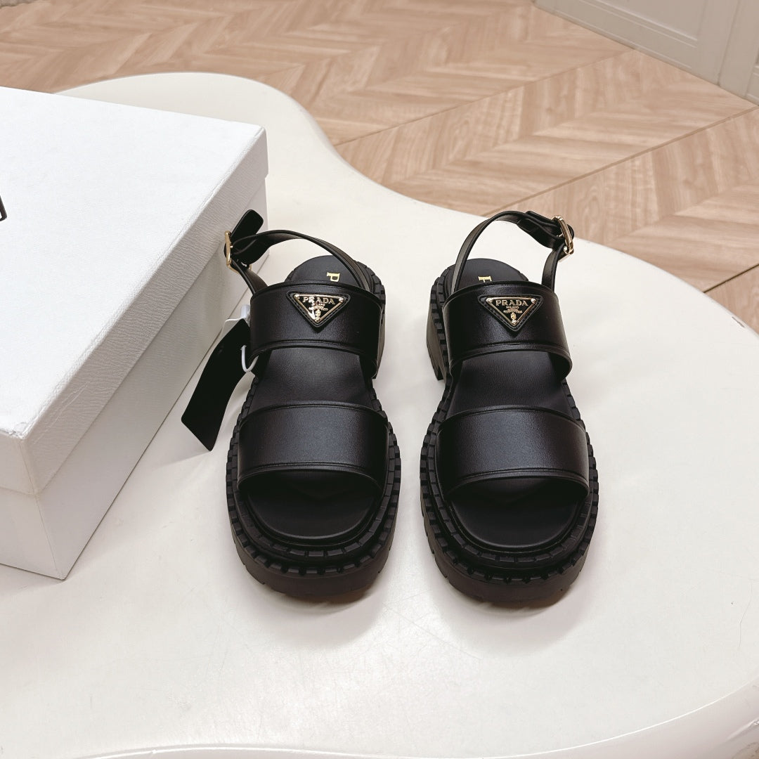 PRADA 25S SANDALS IN BLACK CALFSKIN LOGO - 35