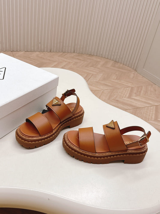 PRADA 25S SANDALS IN LIGHT TAN CALFSKIN LOGO - 35