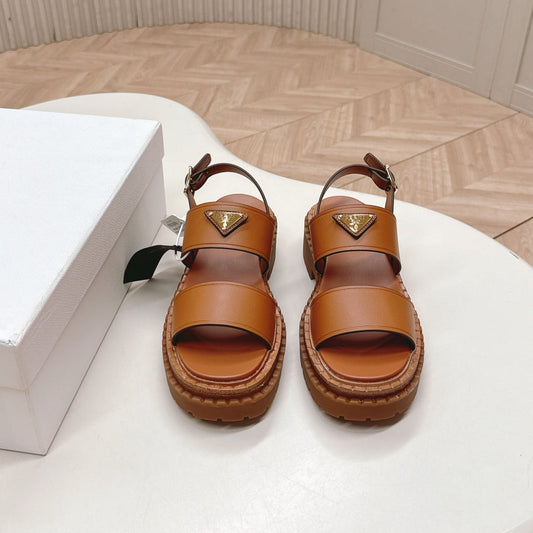 PRADA 25S SANDALS IN LIGHT TAN CALFSKIN LOGO - 35
