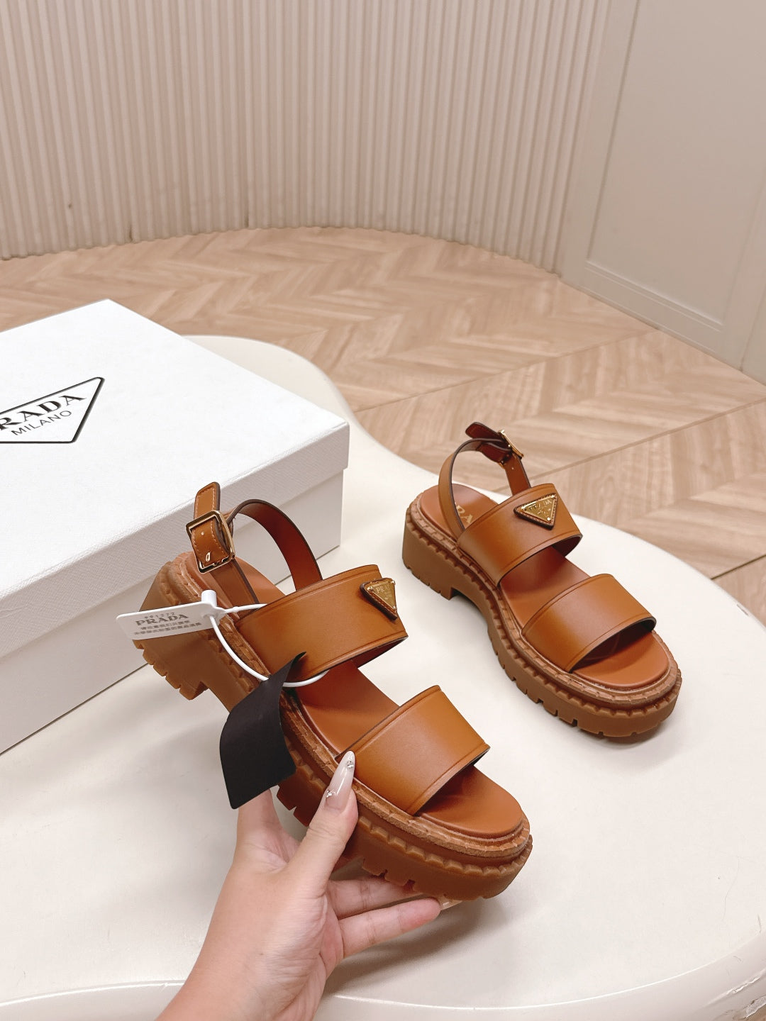 PRADA 25S SANDALS IN LIGHT TAN CALFSKIN LOGO - 35