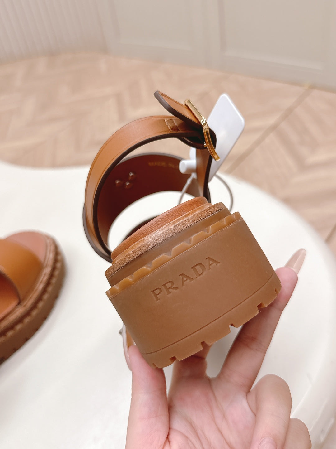 PRADA 25S SANDALS IN LIGHT TAN CALFSKIN LOGO - 35