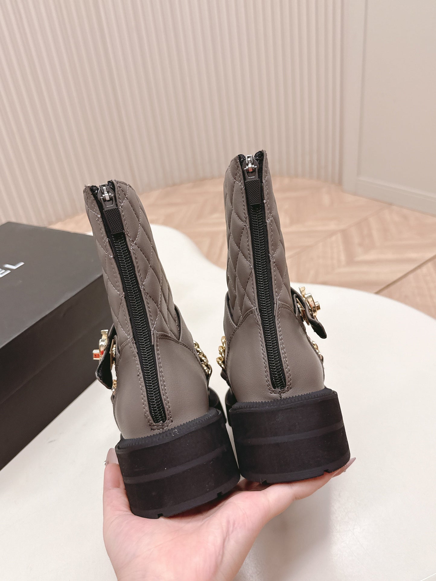 CHANEL ANKLE BOOTS 25S IN SMOKY GREY LAMBSKIN EMBOSSED LOGO WITH GOLD HARDWARE - 35