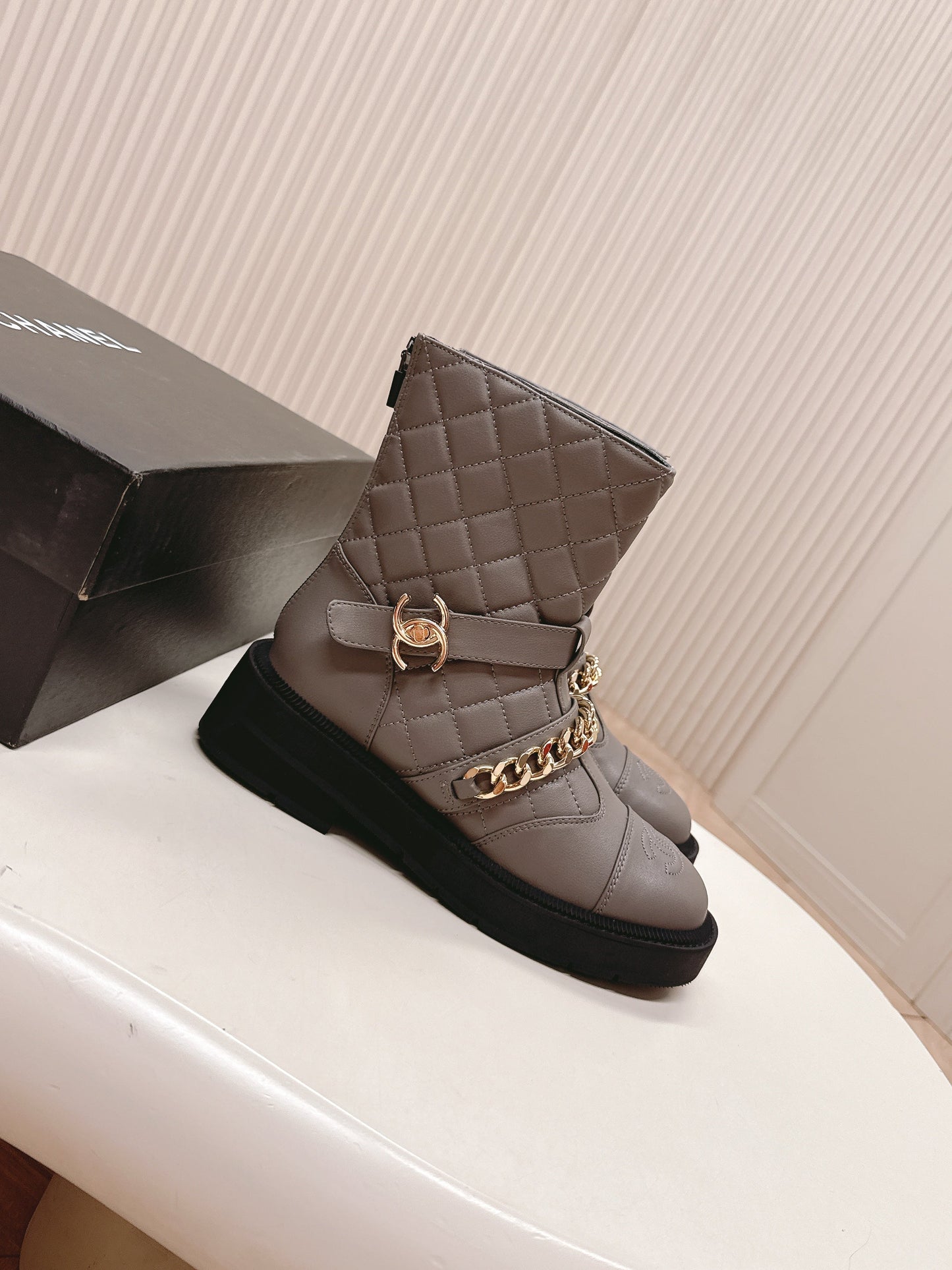 CHANEL ANKLE BOOTS 25S IN SMOKY GREY LAMBSKIN EMBOSSED LOGO WITH GOLD HARDWARE - 35