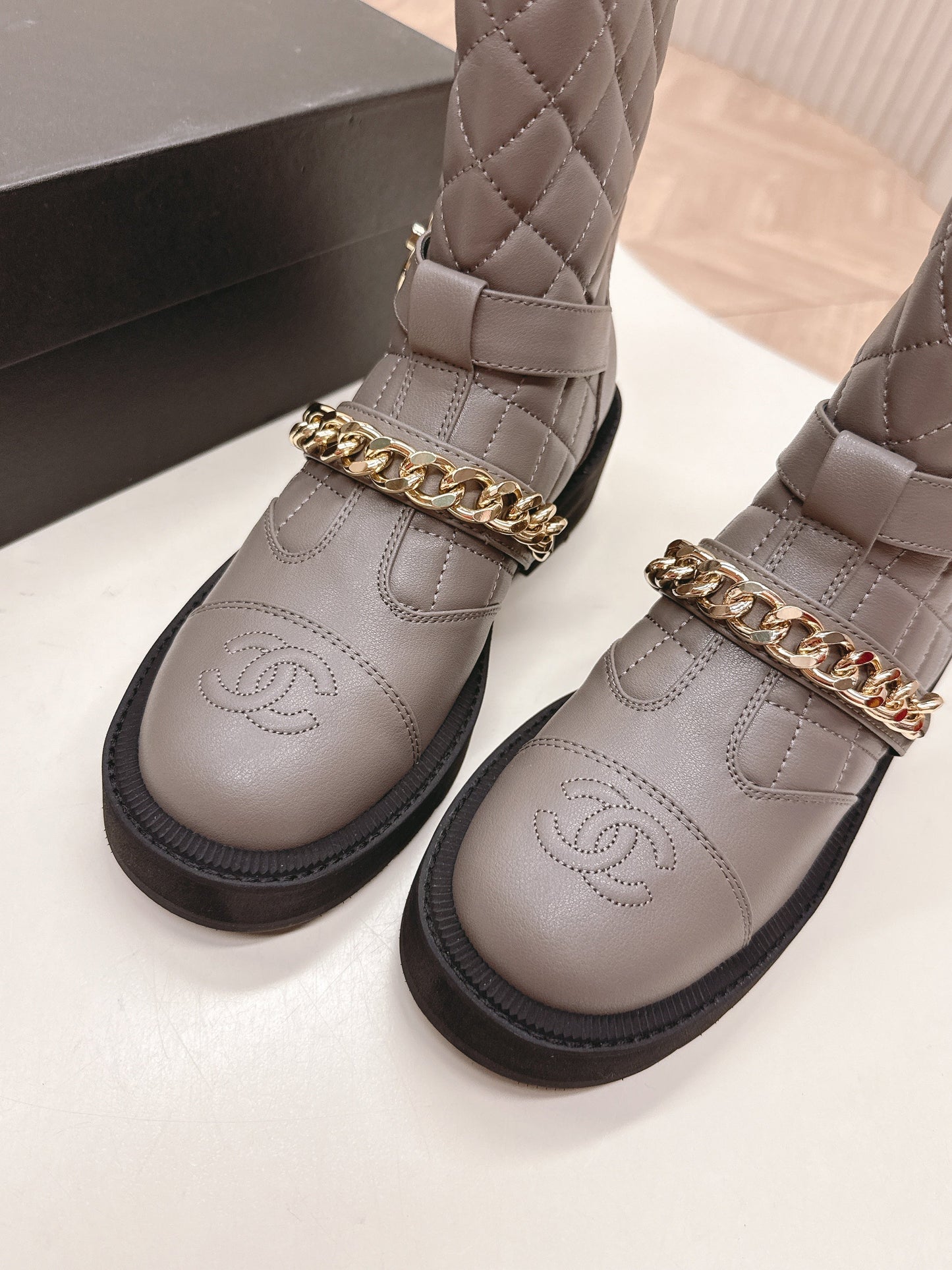 CHANEL ANKLE BOOTS 25S IN SMOKY GREY LAMBSKIN EMBOSSED LOGO WITH GOLD HARDWARE - 35